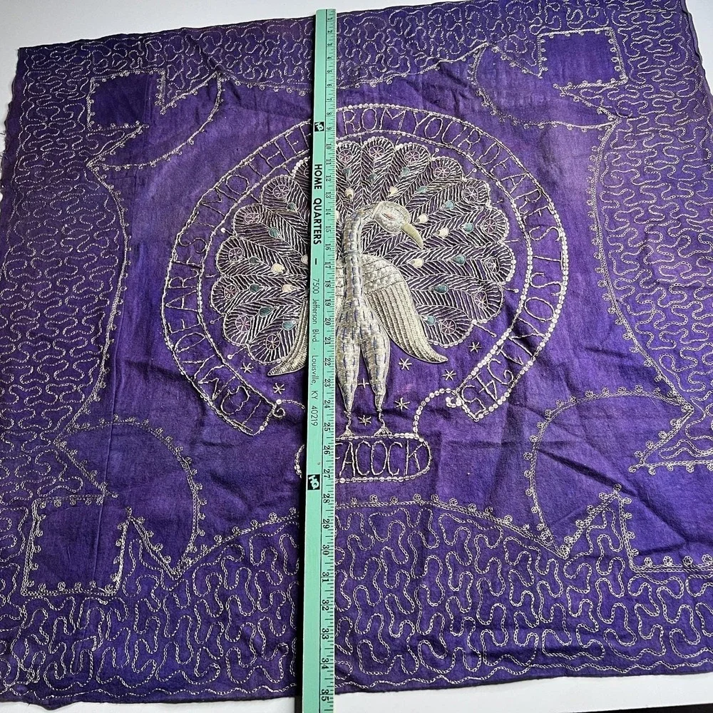 Vtg 1945 Indian Zari Embroidery Peacock Purple Velvet Panel WWII Era Gift 36x35